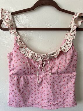 Blogilates Pink Floral Ruffle Lace Up Tank Top Size L